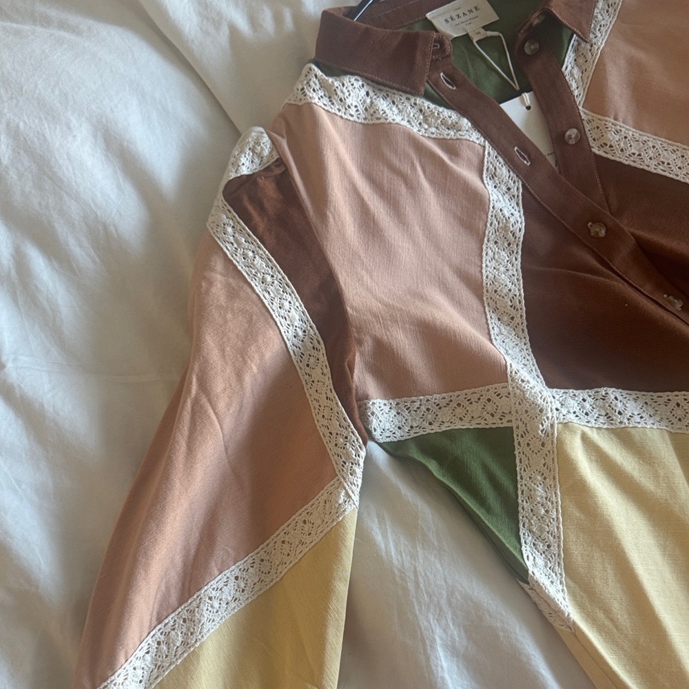 Sezane Multicolor Patchwork Lace-Trim Button-Down… - image 3